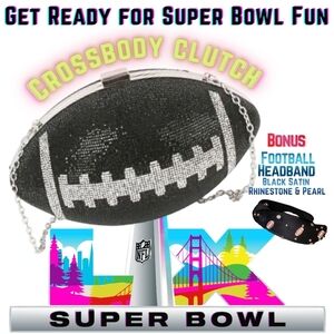 Deluxe Black & Silver Rhinestone Football Crossbody Clutch + Bonus Headband NWT